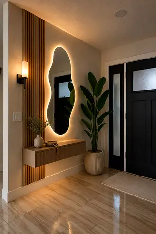 Modern wall-mounted console with backlit organic mirror and planter (entryway set)