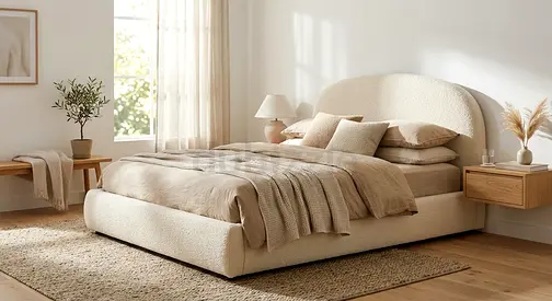 Used upholstered double bed with curved headboard in beige Brand new