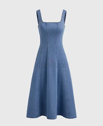 Blue Denim Sleeveless A-line Midi Dress - Size S (not used, new without tag)