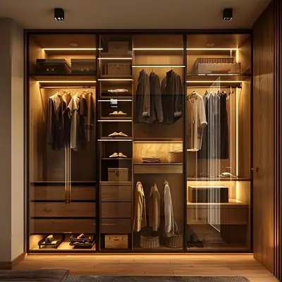 Large Built-in Wooden Wardrobe with LED Lighting