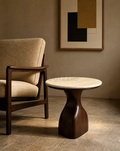Side Table (Travertine and Solid Mango Wood End Table - ALBA)