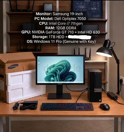 Dell Optiplex 7050 Desktop i7, 12GB RAM, GT 710 + Intel HD, 1TB HDD, Samsung 19" Monitor