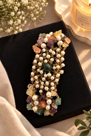 Gold-tone Handmade Bracelet Embedded With Natural Pearls and Multicolor Semi Precious Stones Cluster