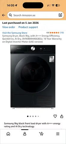 Samsung 9kg Black Front Load Dryer - A+++ Energy, AI Dry