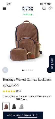 Heritage Waxed Canvas Backpack with Small Pouch - Waxed Tan/Whiskey Brown