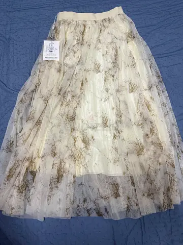 White Pleated Tulle Midi Skirt with Beige Floral Print, New with Tag