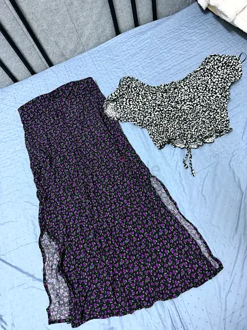 Two floral summer top and skirt - black & purple, light and flowy