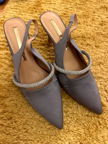 Grey pointed slingback heels with crystal strap, size 39