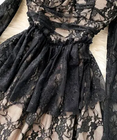 Black Lace Long-Sleeve Midi Dress