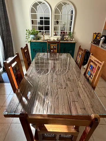 Railway wood Dining table set with mango wood chairs with tile inlay
