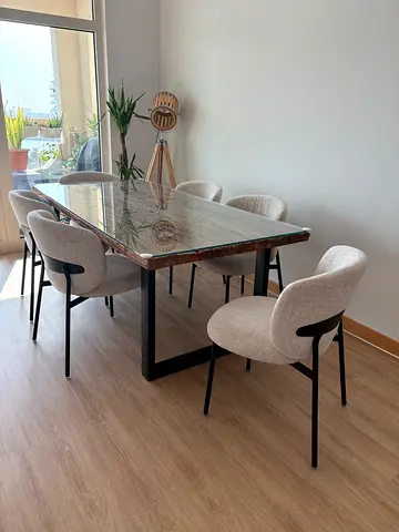 Modern glass-top, wooden railway sleepers dining table with 6 upholstered chairs