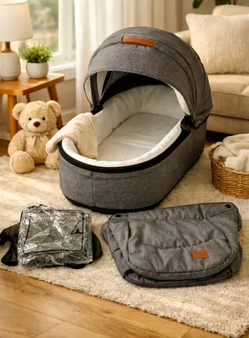 Kinderkraft Grey Portable Baby Carrycot / Bassinet with Hood - New