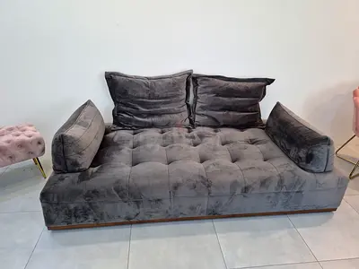 Grey velvet low lounge sofa / daybed - modern tufted design