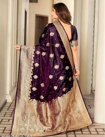 Purple Banarasi Silk Saree with Gold Zari Border - Brand New