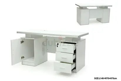 White L-shaped Office Desk with Drawers and Cabinet (L140 x W70 x H75cm)