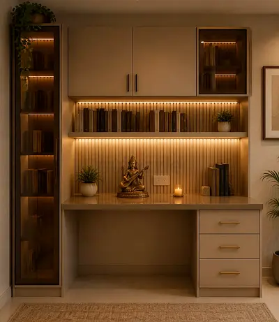 Built-in Study Desk with Overhead Cabinets and Display Shelves - Beige Finish
