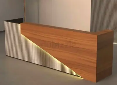 Modern wooden reception desk with LED accent lighting