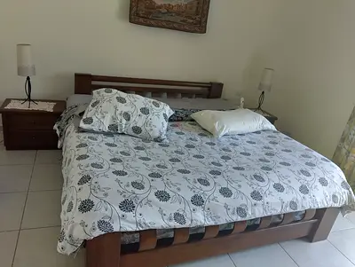 Wooden queens Bed Frame with Slatted Headboard and Side Table
