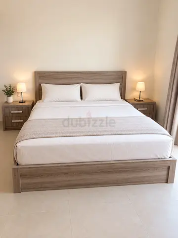 Queen wooden bed frame with two matching bedside tables - light oak