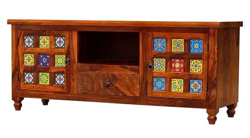 Solid Sheesham Wood TV Cabinet with Colorful Tile Inlays - Low Console size length 210 cms