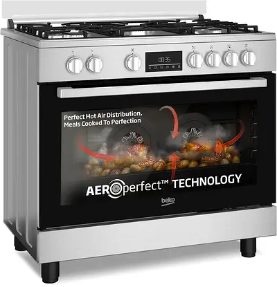 Latest Model Beko Top 5 Burner Gas Down Oven Electric Cooker Range Size 90cm