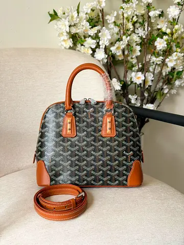 Brown Goyard-style Dome Handbag with Detachable Strap