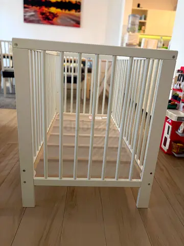 White Wooden Baby Crib - Simple, Sturdy, Good Condition with mattress