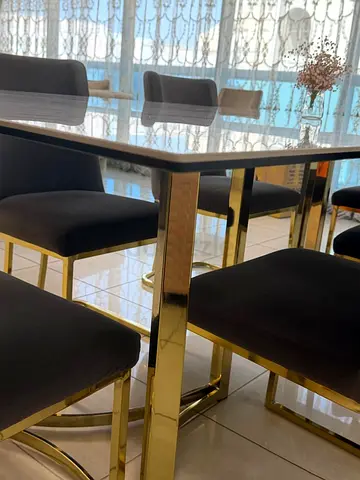 Modern Glass Top Dining Table with 6 Velvet Chairs (Gold Frame)