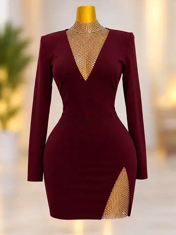 Burgundy Long-Sleeve Bodycon Dress with Crystal Mesh Details - Size Unknown