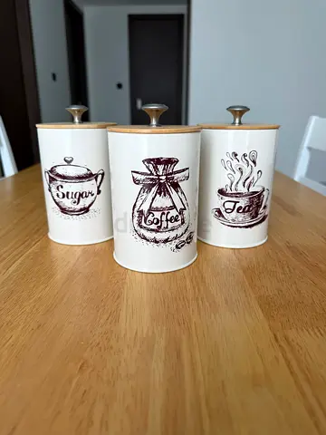 Set of 3 Kitchen Canisters with Lids - Coffee, Tea, Sugar