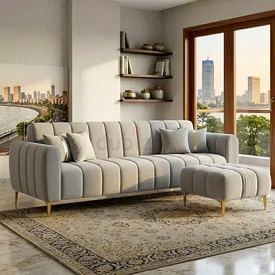 Channel tufted light gray 3 seater sofe with matching footrest