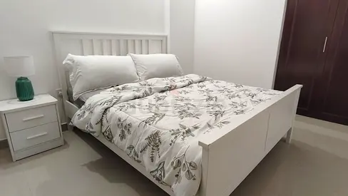 Ikea white wooden Queen bed, mattress with nightstand - good condition