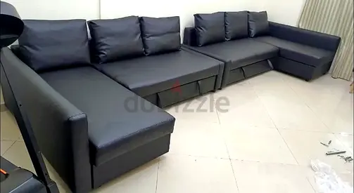 Modern Black Faux Leather L-Shaped Sofa Bed
