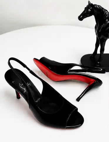 Black Patent Leather Slingback Heels with Red Sole - Size? (Classic look)