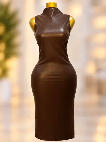Brown Faux Leather Sleeveless Midi Dress - Size Available