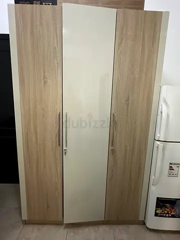 Three-door wardrobe in light oak and white - good used condition