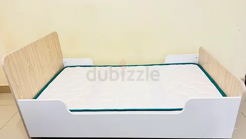 Single children's bed frame with mattress - light wood finish