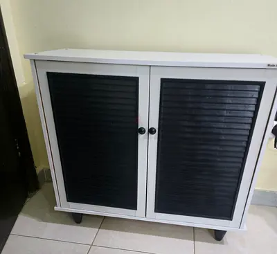 Small Two-Door Storage Cabinet with Black Louvered Doors