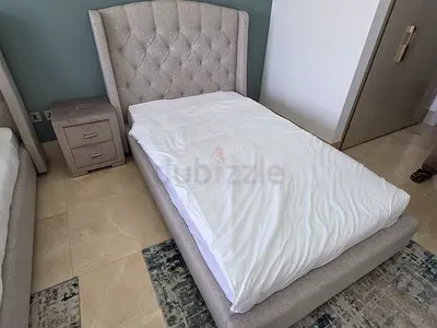 Grey Fabric Upholstered Single Bed with Tufted Headboard