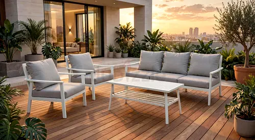 Outdoor 4-Piece Patio Seating Set with Coffee Table — White Aluminum Frame