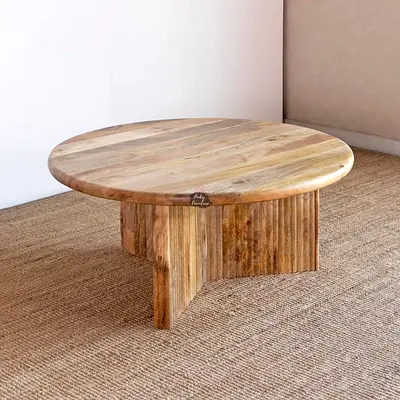 Solid Mango Wood Coffee Table - Round - Ribbed Modern Organic Design