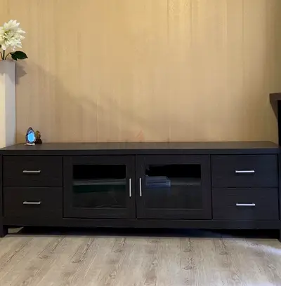 Dark Wood TV Cabinet / Entertainment Unit with Glass Doors and Drawers