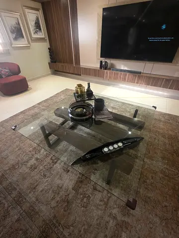 Glass Top Coffee Table with Oak Wood & Metal Base - Good Condition