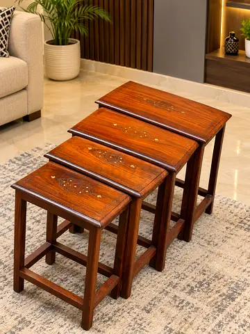 Set of 4 Wooden Nesting Tables with Inlay Work