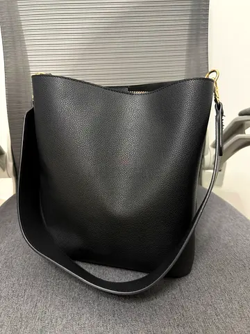 Black Faux Leather Bucket Bag