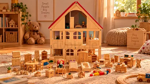 Large Wooden Dollhouse with Full Furniture Set