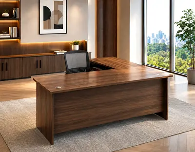 Walnut Grey L-Shape Office Desk | Manager Table with 3-Drawer Pedestal