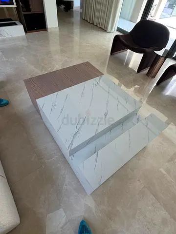 Modern Square Coffee Table with Marble and Wood Finish
