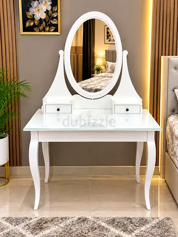 Used White Wooden Dressing Table with Oval Mirror and Drawers