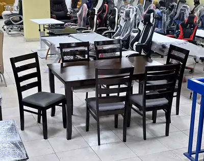 Solid Wood 6-Seater Dining Table Set with Chairs - Dark Finish